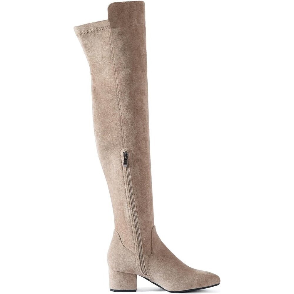 Women Beige\2 Ihch Suede Over the Knee Thigh High Chunky Block Heel Boots - Picture 6 of 9